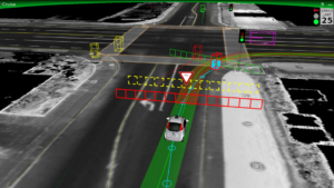 Google Car traccia la strada in un incrocio. Close-up Engineering