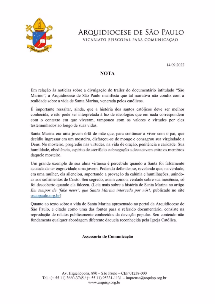 Nota sobre documentário relacionado à Santa Marina – 2022 - Arquidiocese de São Paulo