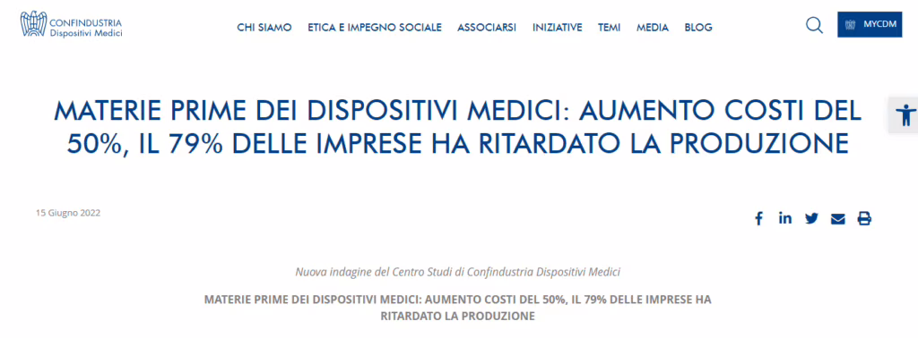 Indagine del centro studi dei COnfindustria dispositivi medici per l'influenza dei costi delle materie prime sul settore sanitario