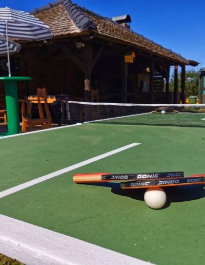 Stolni tenis stol s reketima i lopticom na njemu, ispred kojeg se nalaze drveni stol i stolice pod natkrivenom pergolom.