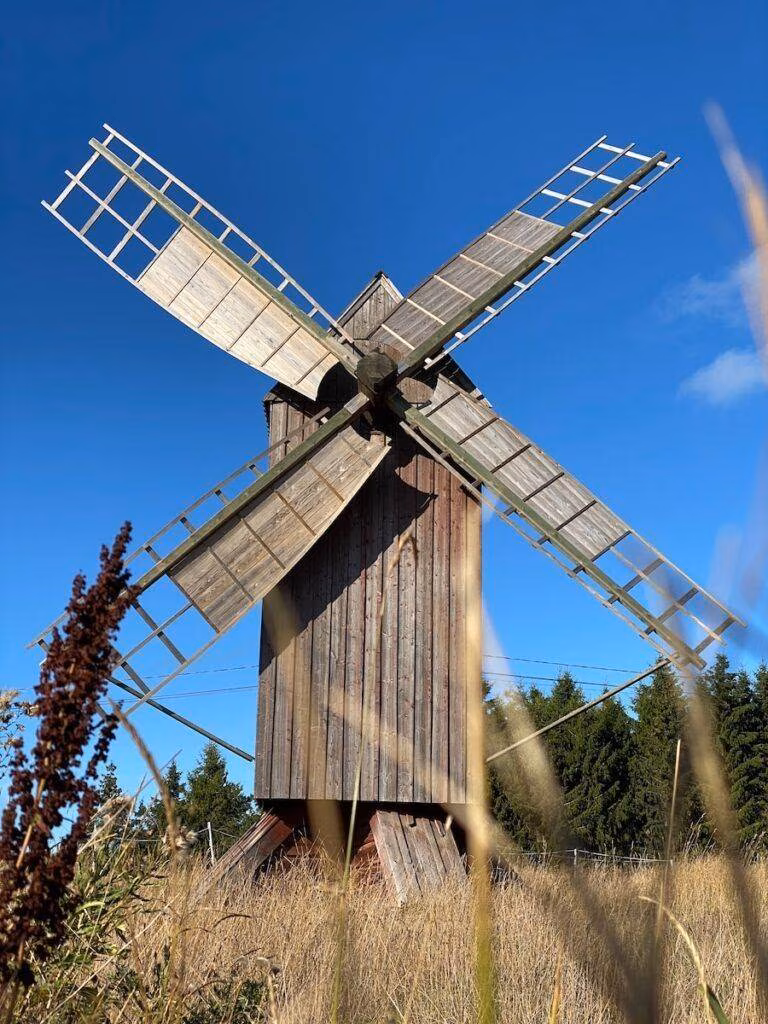 a windmill in a field with Morgan Lewis Windmill in the background