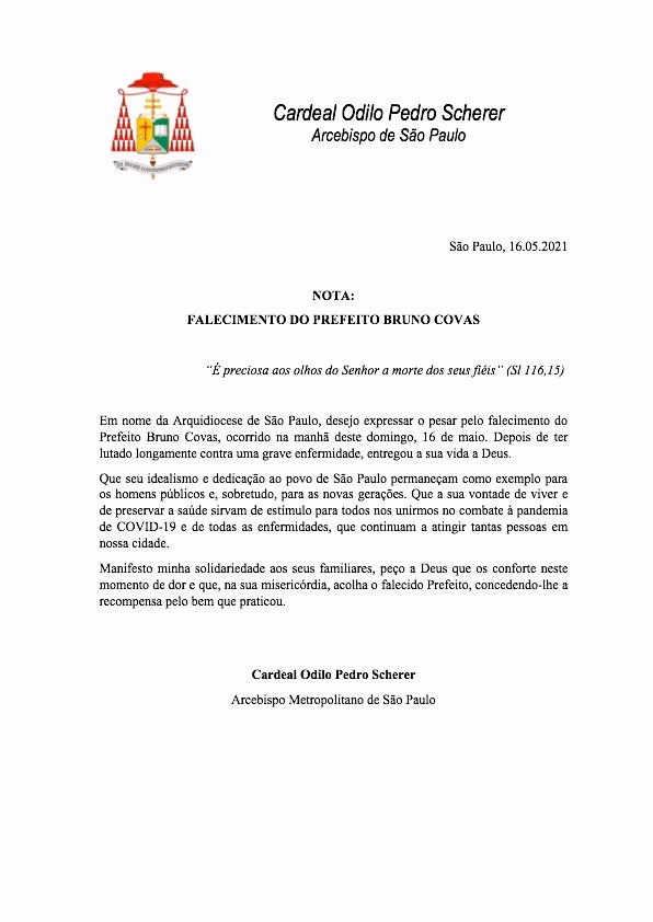 Cardeal Scherer manifesta pesar pela morte do prefeito Bruno Covas - Jornal O São Paulo