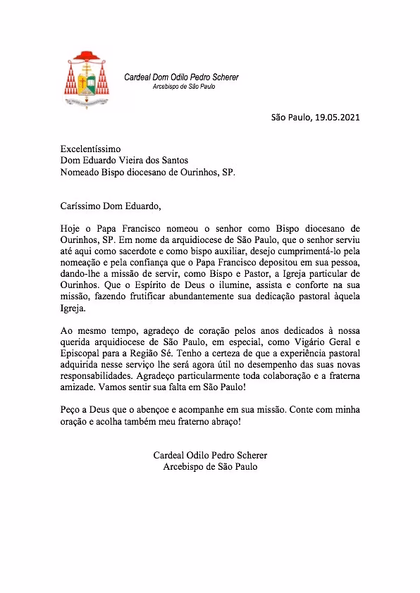 Cardeal Scherer saúda Dom Eduardo Vieira dos Santos, nomeado Bispo de Ourinhos (SP) - Jornal O São Paulo