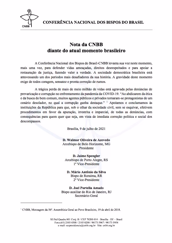 Presidência da CNBB se manifesta sobre o atual momento do País - Jornal O São Paulo