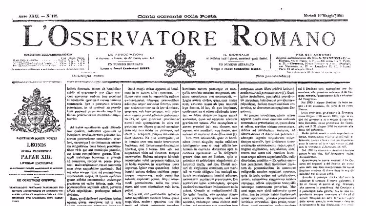 L'Osservatore Romano de 15 de maio de 1891, no lançamento da Encíclica Rerum Novarum, de Leão XIII (Vatican Media) - Jornal O São Paulo