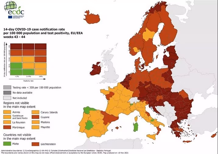 Mapa mostra a incidência de casos de COVID-19 nos países da Europa nos últimos 14 dias.&nbsp; Fonte: ECDC - Jornal O São Paulo