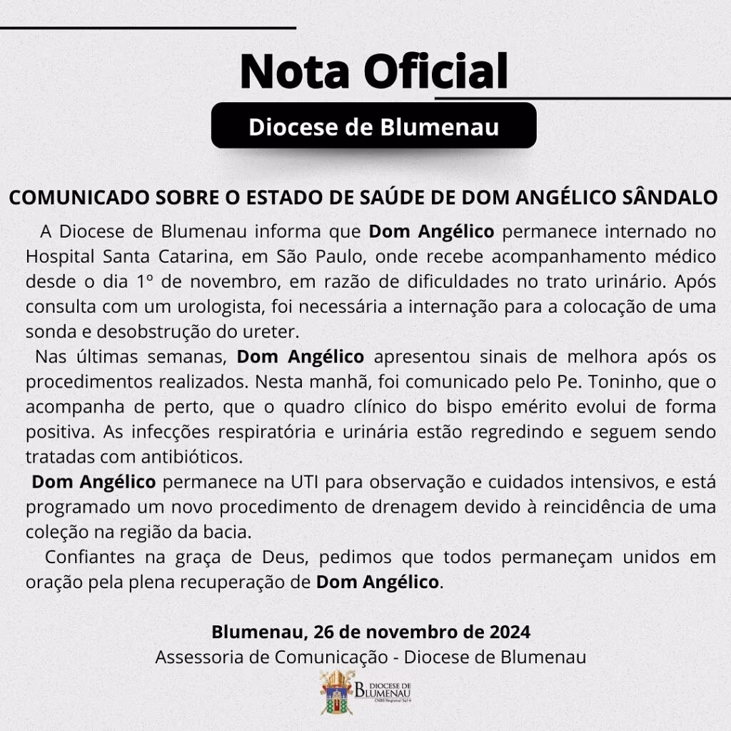 Diocese de Blumenau (SC) pede orações pela saúde de Dom Angélico Sândalo Bernardino - Jornal O São Paulo