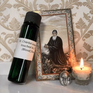 St. Charbel oil and card and medal
