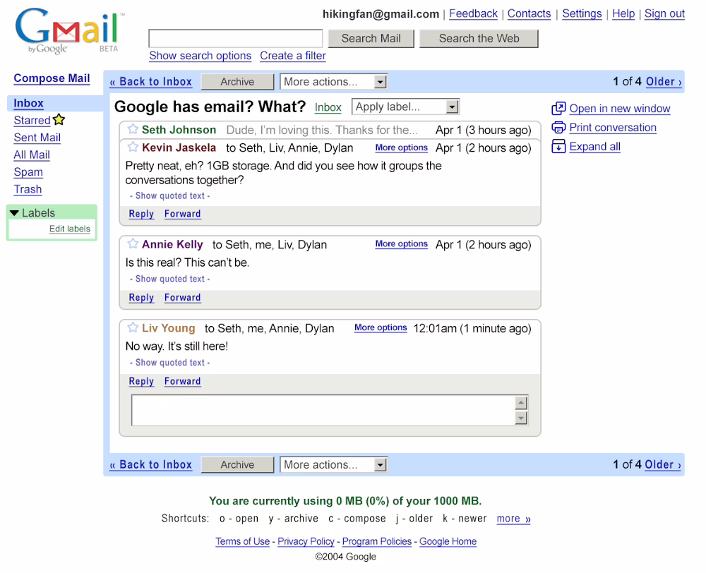 La prima versione di Gmail. Credits: blog.google.com
