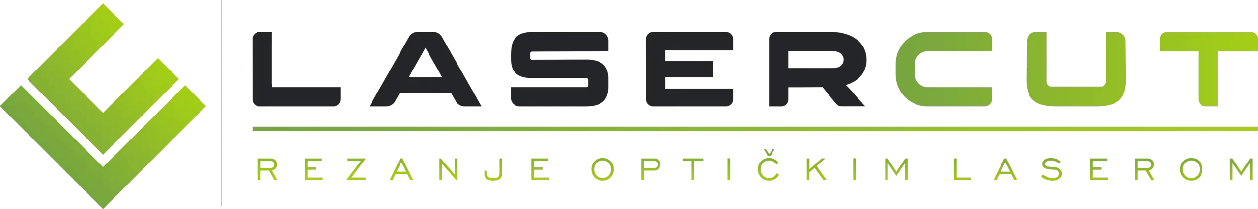Logotip tvrtke Lasercut s natpisom 'LASERCUT' iznad slogana 'REZANJE OPTIČKIM LASEROM', u crnoj i zelenoj boji.