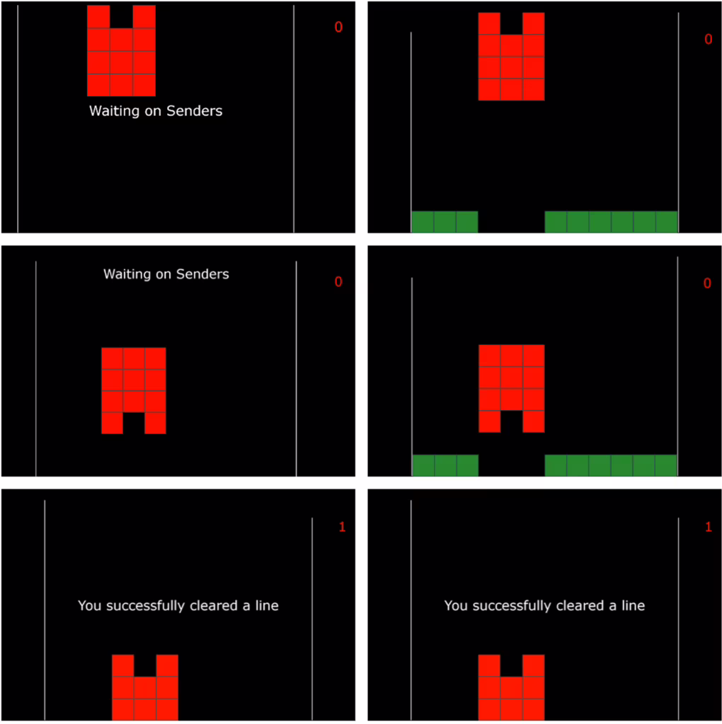 Lo schermo del Tetris visto dal Receiver (a sinistra) e dai Sender (a destra). Il Receiver non è in grado di vedere il fondo dello schermo, e deve fidarsi dei Sender. Credits: BrainNet