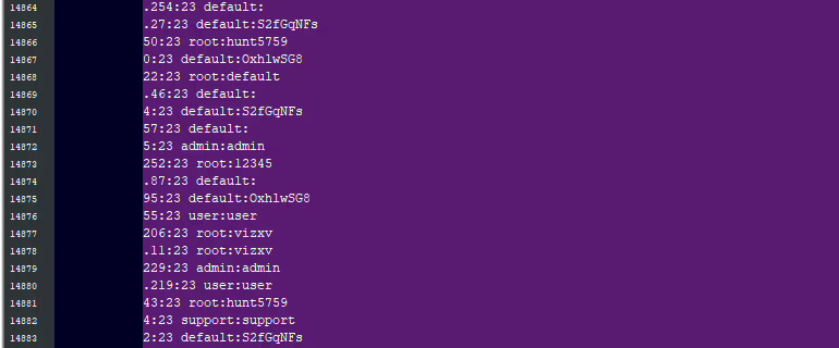 Lista di password, ip e nomi utenti su telnet dei servizi hackerati. credits: ZDnet