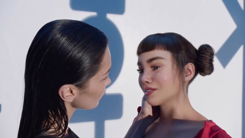La supermodella Bella Hadid con Lil Miquela, l'influencer virtuale di Instagram, in un recente spot di Calvin Klein. Credits: artribune