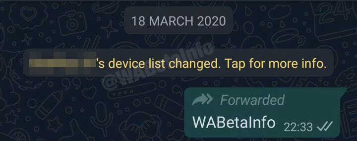 La notifica dell'update della chiave di cifratura. Credits: WABetaInfo on Twitter