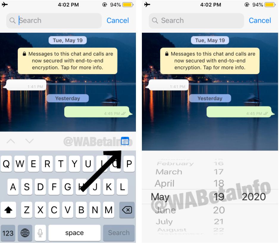 L'update di WhatsApp che permetterà di effettuare una ricerca dei messaggi specificando una data. Credits: WABetaInfo