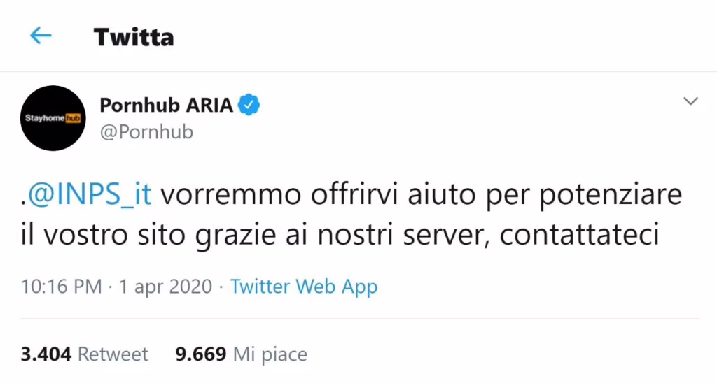 Pornhub ha offerto il suo aiuto all'INPS ad Aprile.