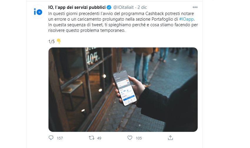 Il tweet di IO che informa di possibili malfunzionamenti del cashback.