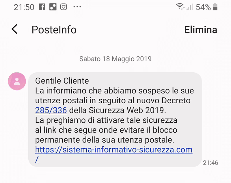 Il social engineering attraverso un SMS. Credits: tuttosullapostaelettronica.it
