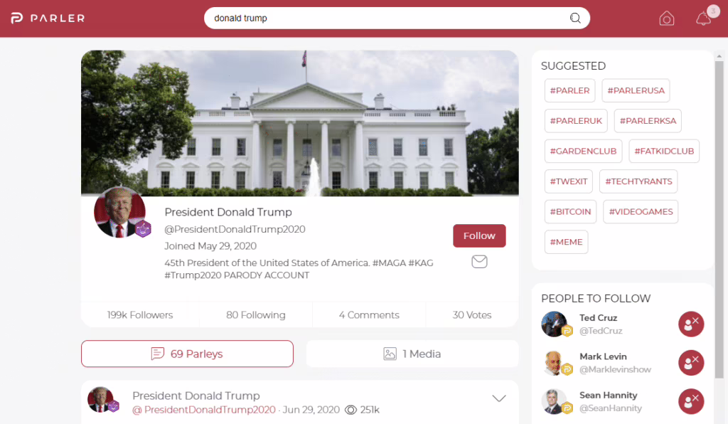 L'account di Trump su Parler, bannato dai server Amazon. 