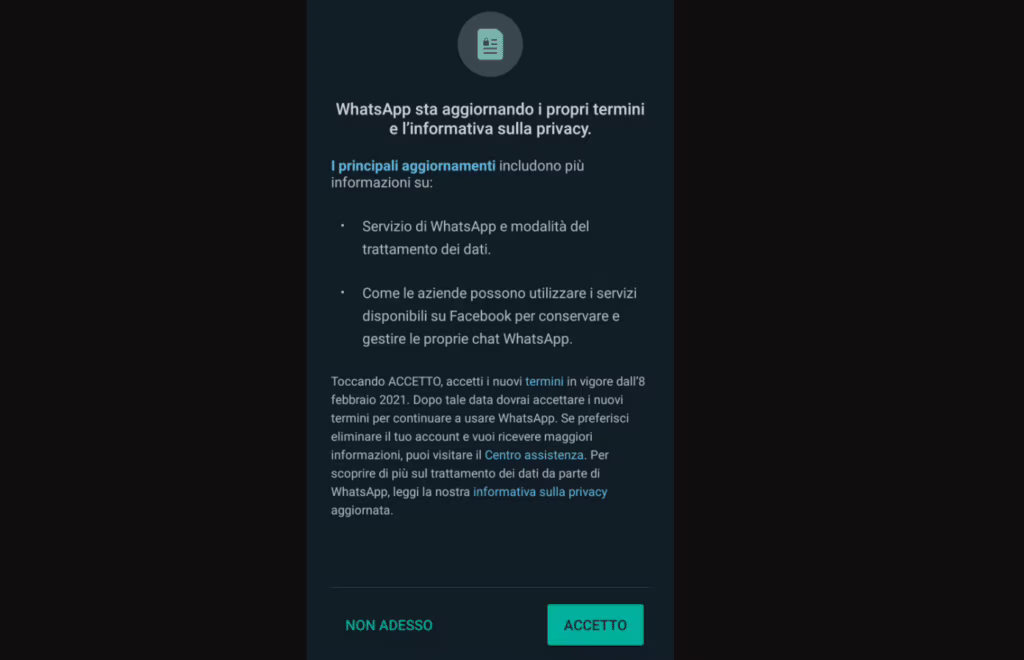 Il popup di Whatsapp con l'informativa sulla privacy. Credits: Wired