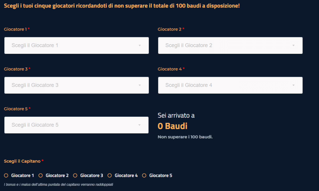 Il form per comporre la squadra di FantaSanremo.