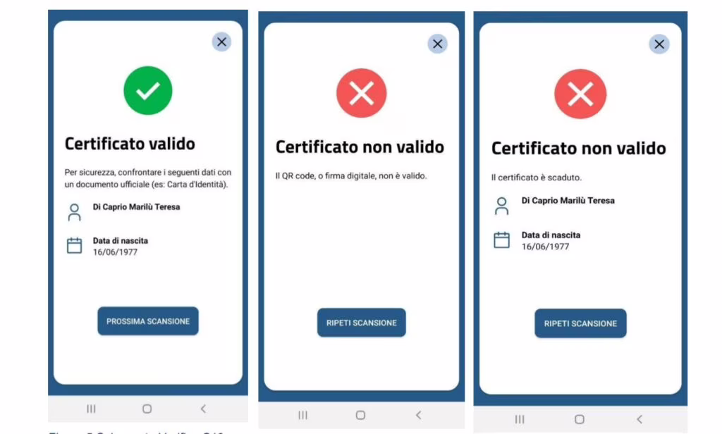 Le schermate di VerificaC19, l'app per il controllo del Green Pass. Fonte: Ministero della Salute