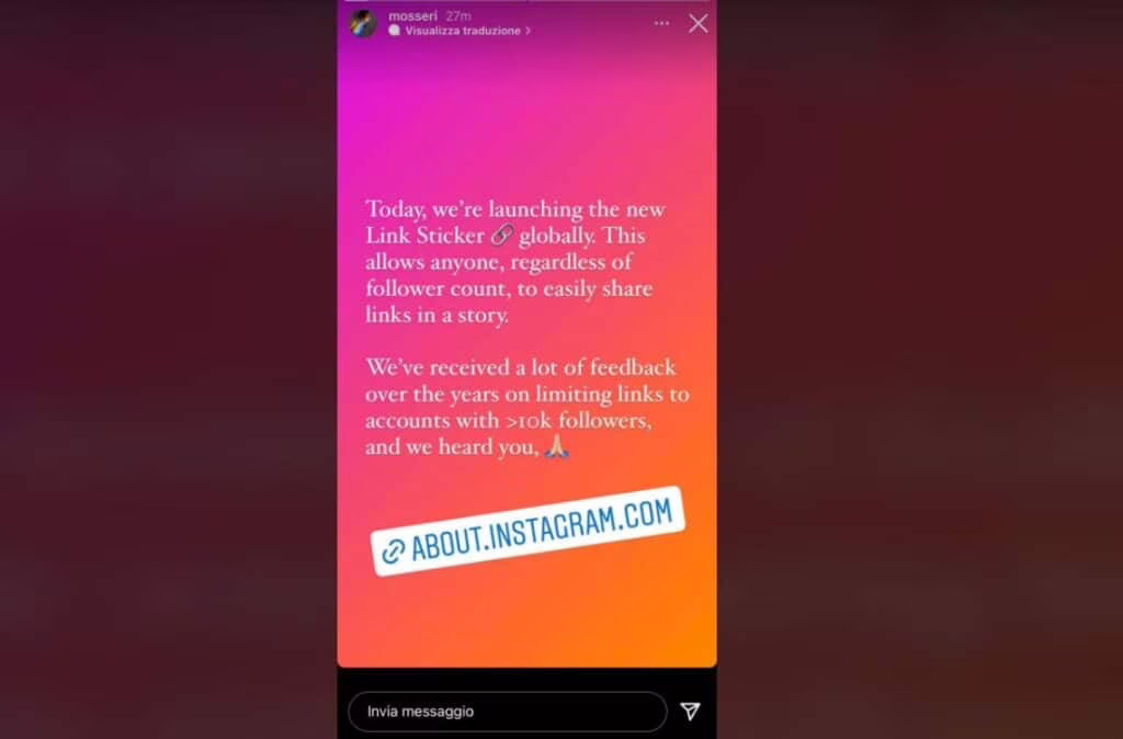 L'annuncio di Adam Mosseri su Instagram.