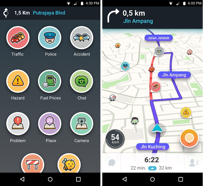 L'applicazoine Waze, grazie alla quale gli utenti possono segnalare incidenti, posti di blocco, pericoli, e così via.