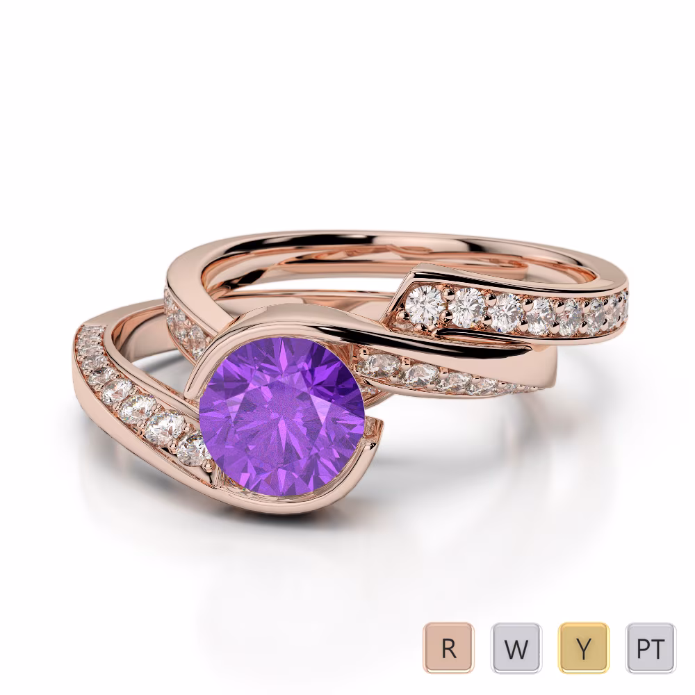 Gold / Platinum Round cut Amethyst and Diamond Bridal Set Ring AGDR-2019