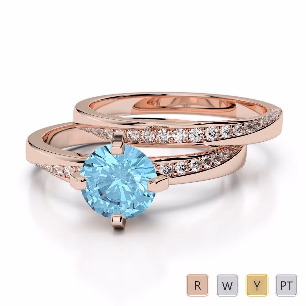 Gold / Platinum Round cut Aquamarine and Diamond Bridal Set Ring AGDR-2001