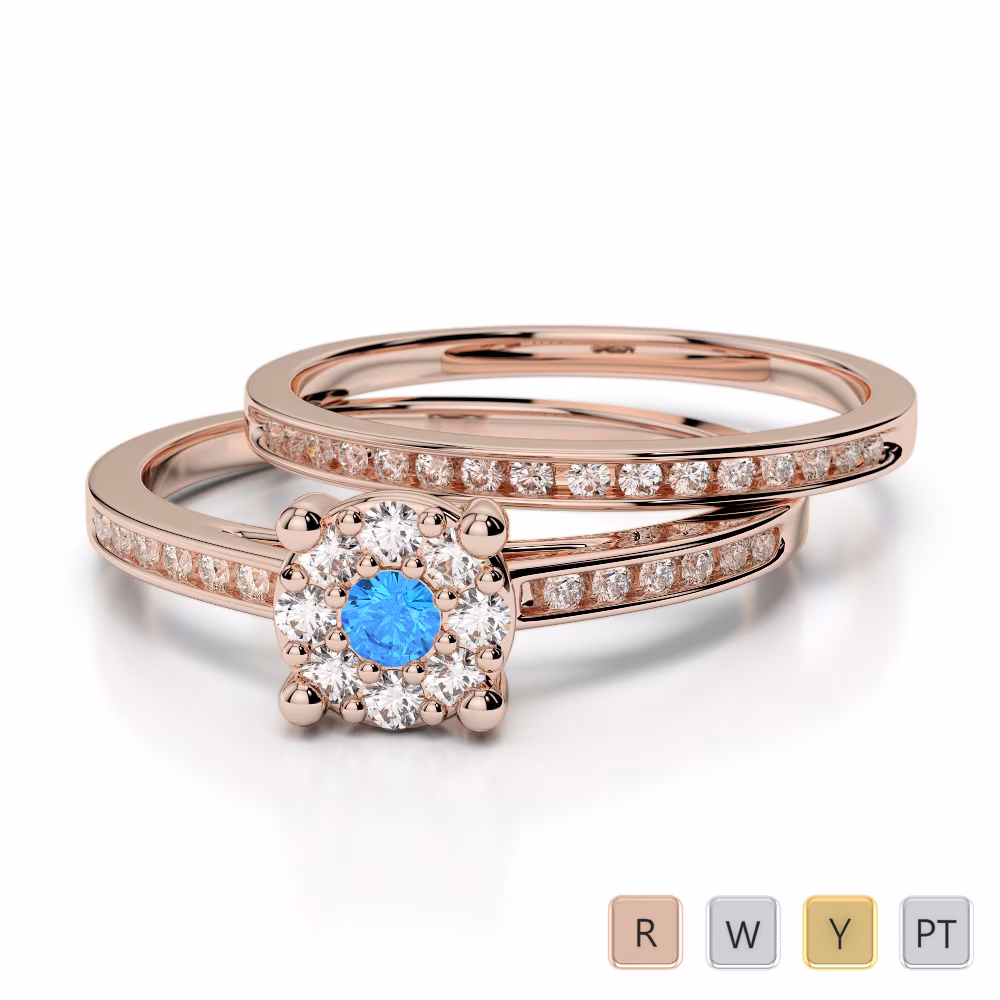 Gold / Platinum Round cut Blue Topaz and Diamond Bridal Set Ring AGDR-1052