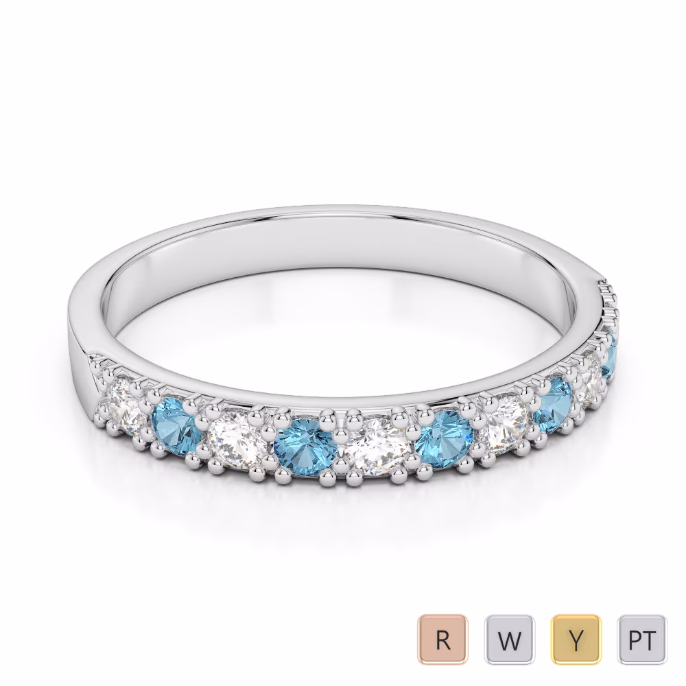 3 MM Gold / Platinum Round Cut Aquamarine and Diamond Half Eternity Ring AGDR-1130
