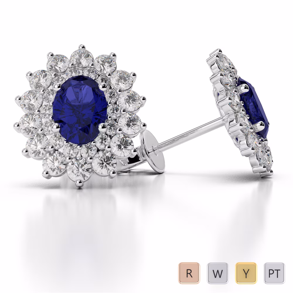 Blue Sapphire Earrings With Round Cut Diamond in Gold / Platinum AGER-1073