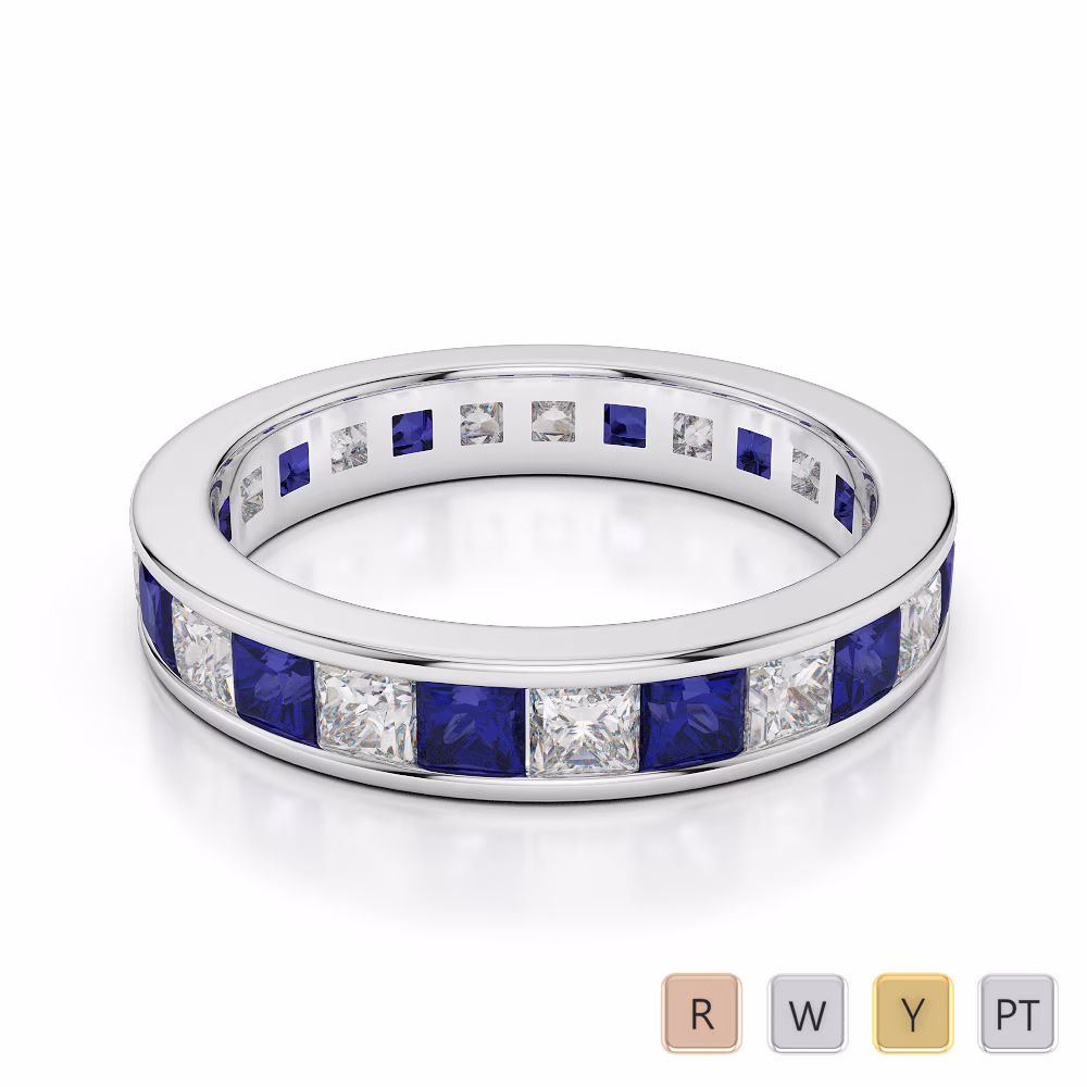 4 MM Gold / Platinum Princess Cut Blue Sapphire and Diamond Full Eternity Ring AGDR-1134