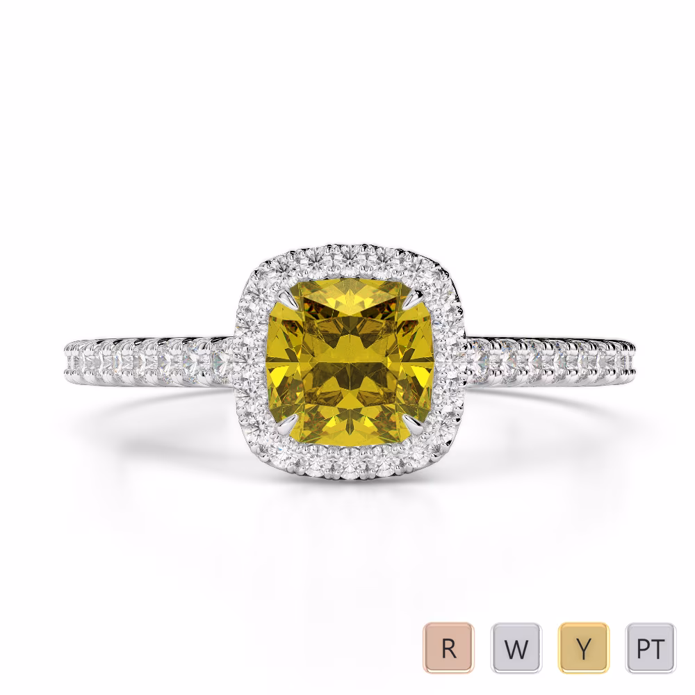 Gold / Platinum Round and Cushion Cut Yellow Sapphire and Diamond Engagement Ring AGDR-1212