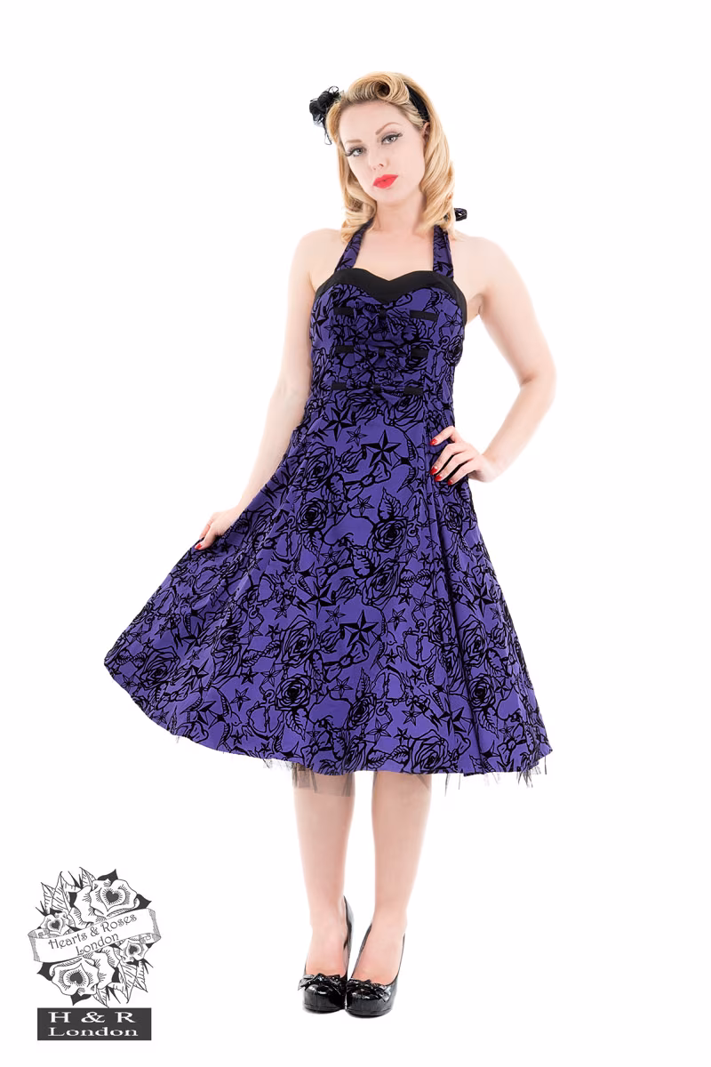 Purple Taffeta Flocked Halter Dress