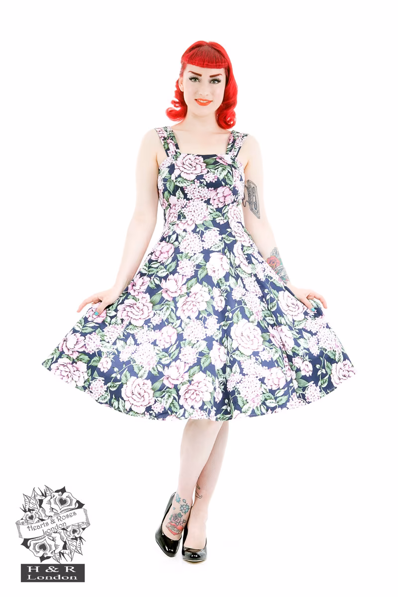 Navy Pink Peony Floral Lilac Swing Dress