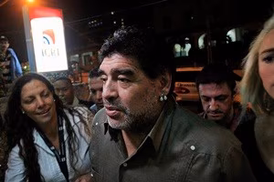 Former Argentine soccer star Diego Maradona arrives at the ICRT for the recording of a TV show in Havana