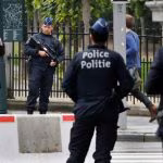 Belgian police officers patrol in central Brussels