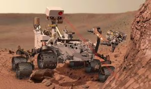 Artist's concept depicts rover Curiosity, of NASA's Mars Science Laboratory mission, as it uses its Chemistry and Camera instrument
