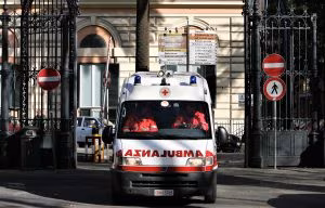 An ambulance exits Rome's Policlinico Um