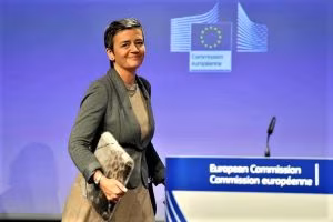 European Commissioner for Violation of EU Treaties Vestager reacts during a news conference on the approval of the Hutchison-Vimpelcom deal at the EC in Brussels