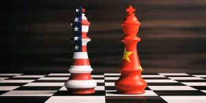 USA and China cooperation concept. USA and China flags on chess kings. 3d illustration