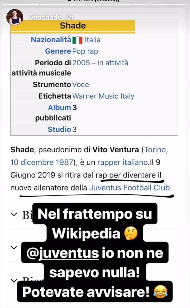 Notizie Juve, per Wikipedia il nuovo allenatore è il rapper Shade.