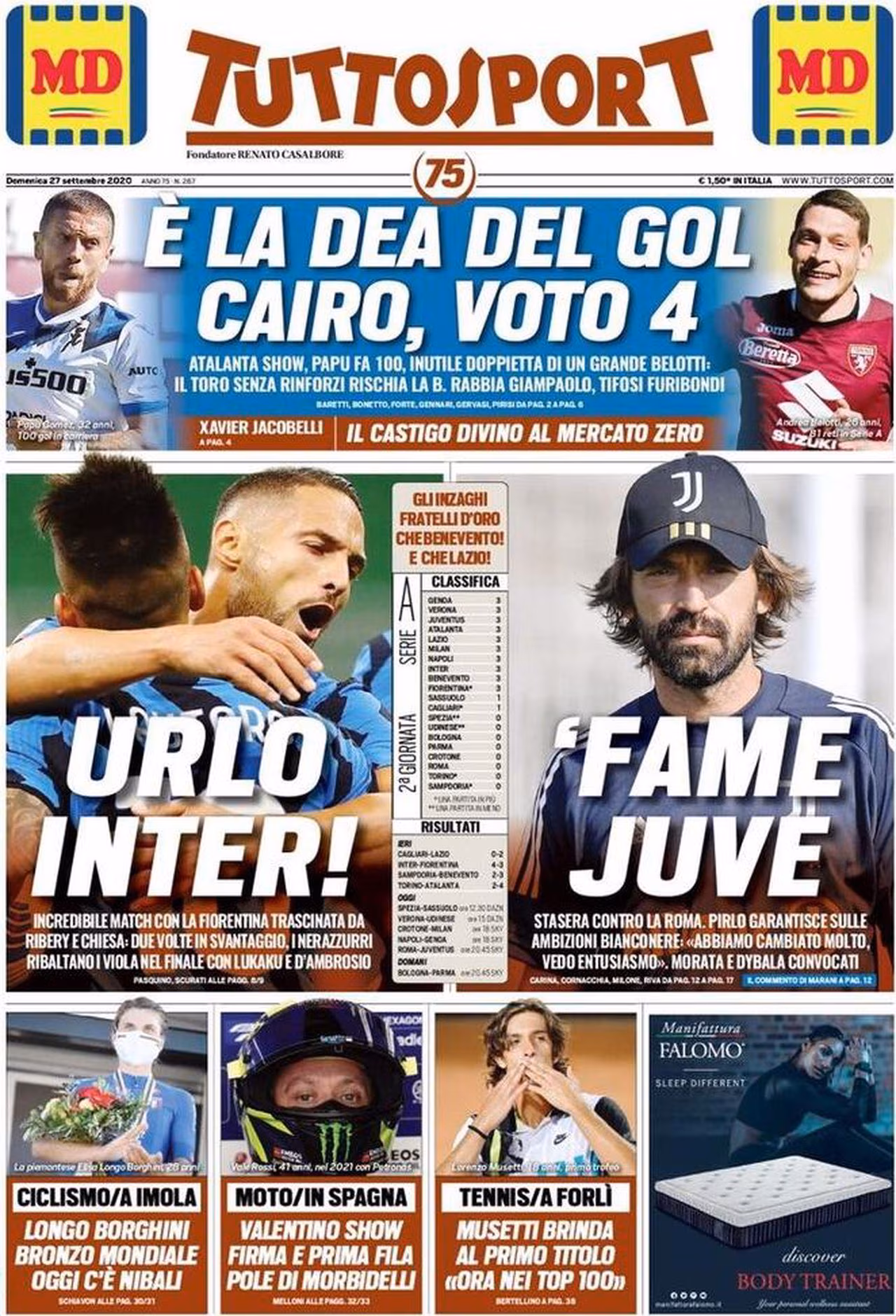 Prima pagina TuttoSport 27-09-2020