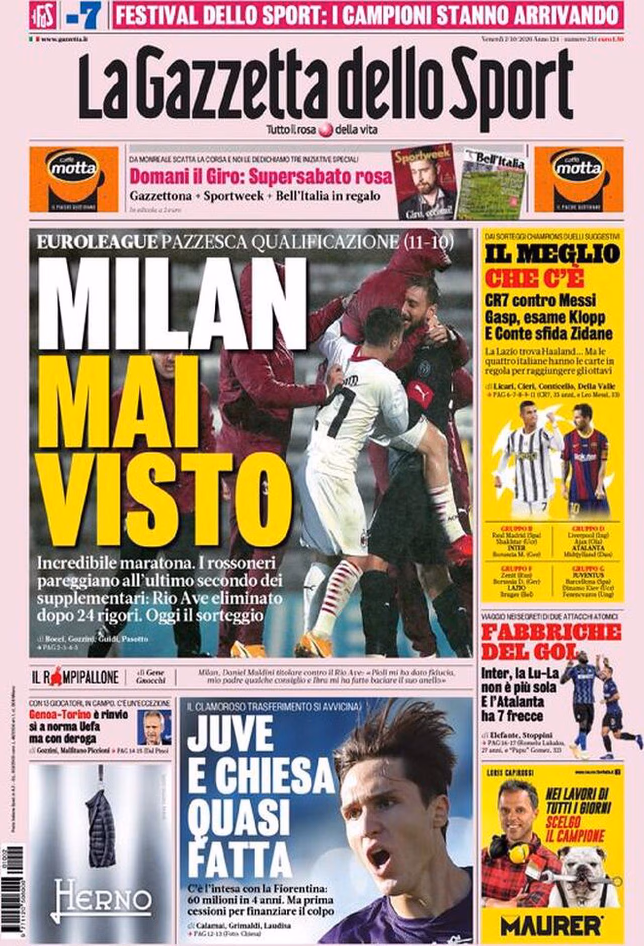Prima pagina Gazzetta 02-10-2020