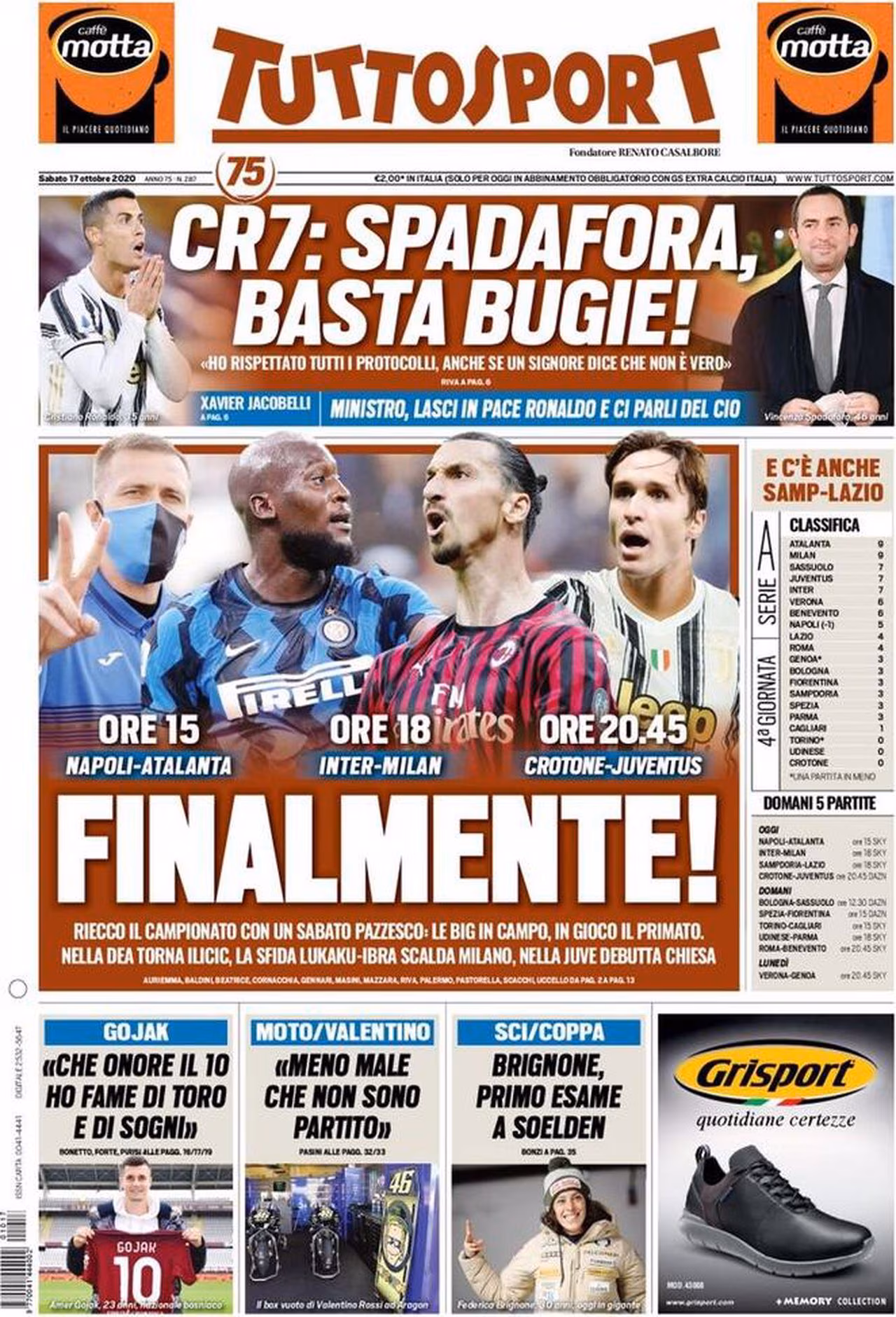 Prima pagina TuttoSport 17-10-2020