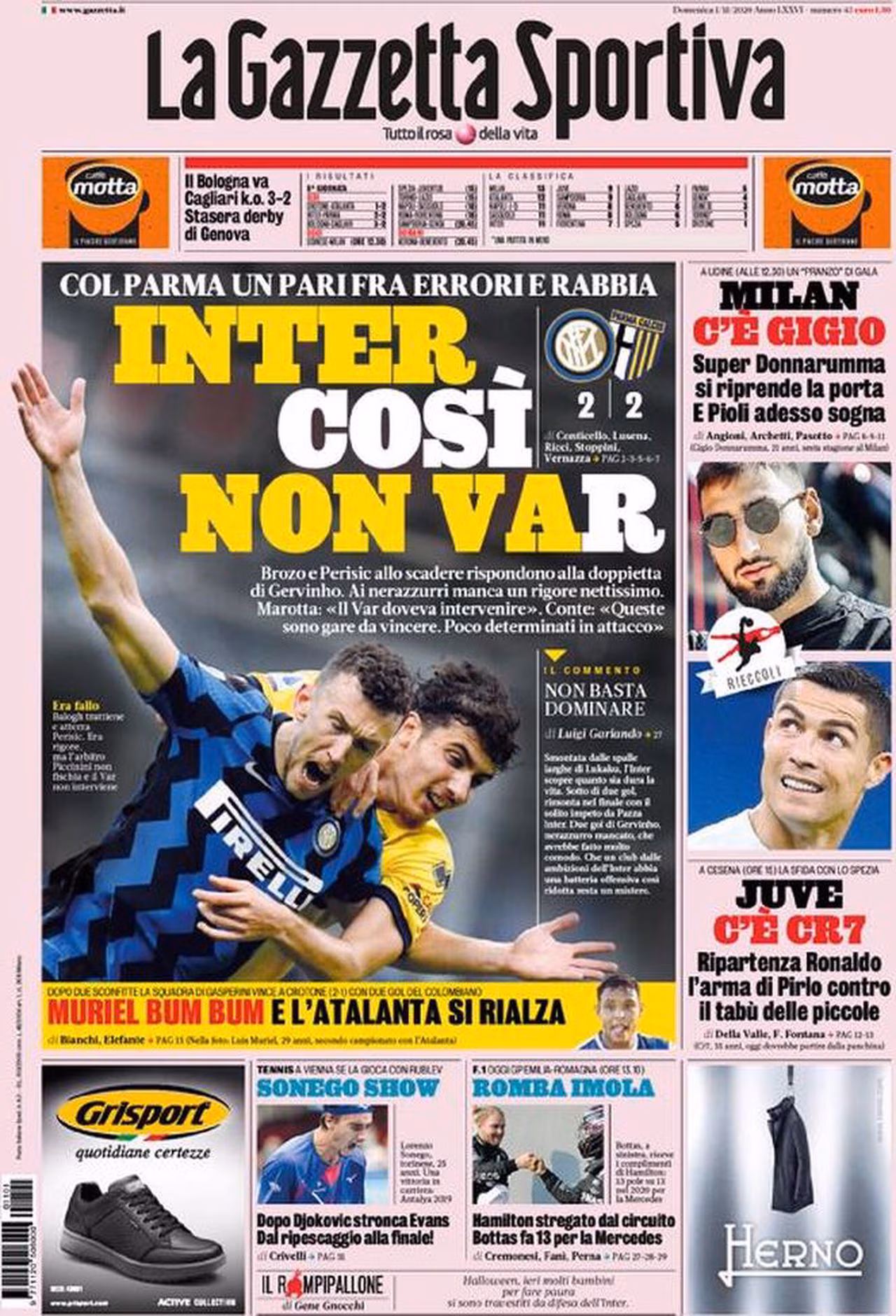 Prima pagina Gazzetta 01-11-2020