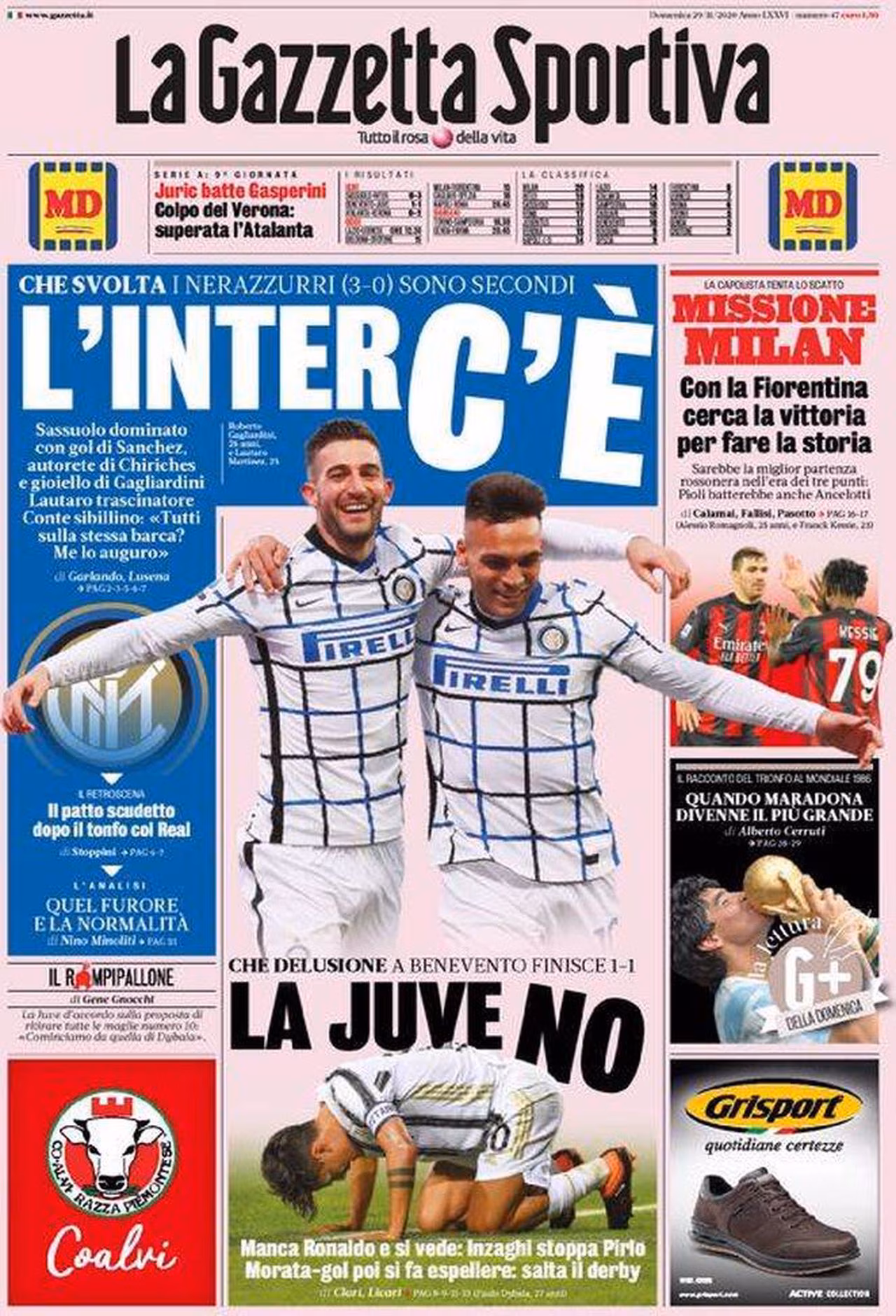 Prima pagina Gazzetta 29-11-2020