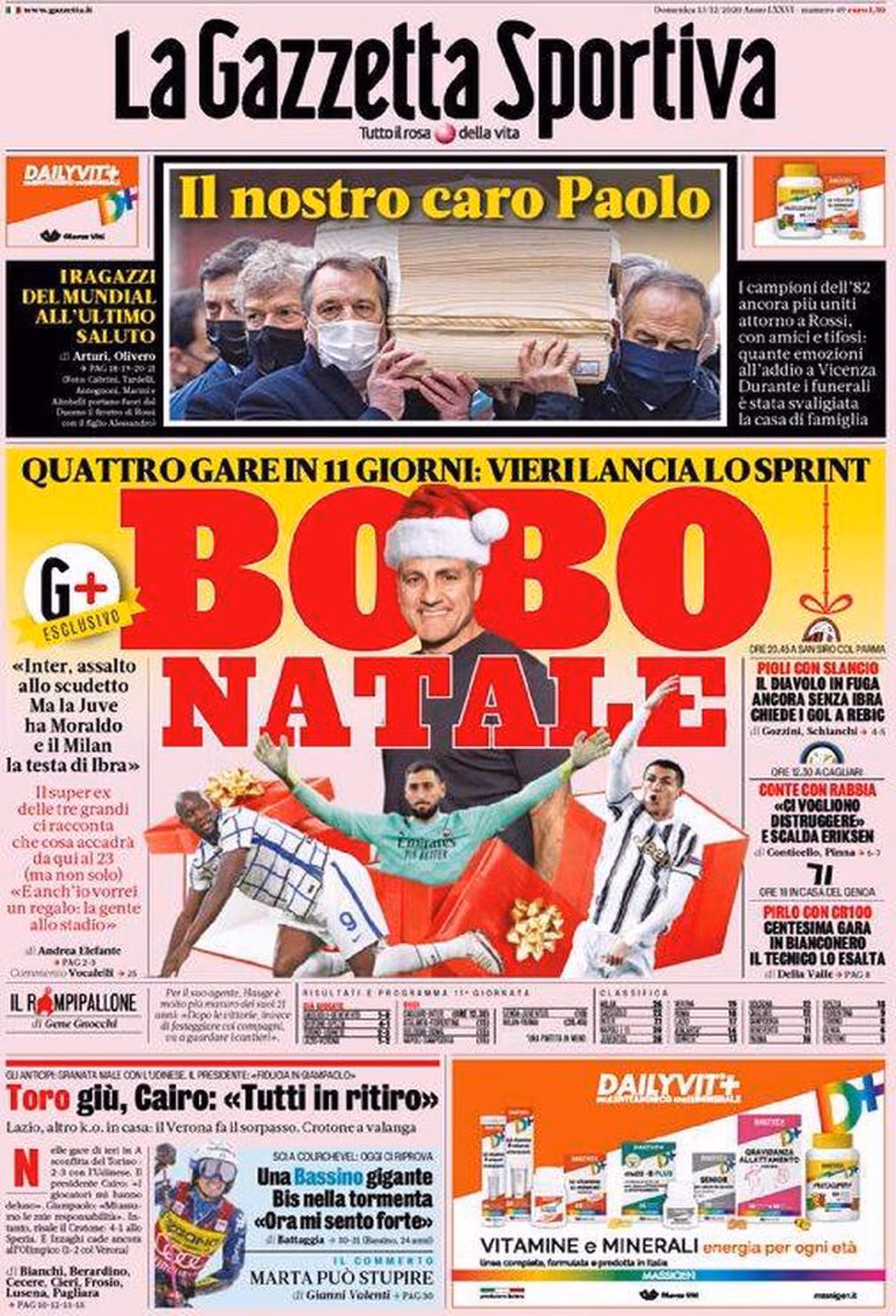 Prima pagina Gazzetta 13-12-2020
